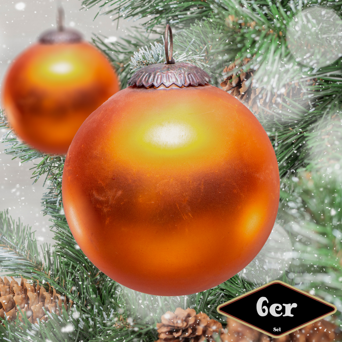 Christbaumkugelset, Rund, 6er Set | Glas, Orange | H10,5xB10,0cm