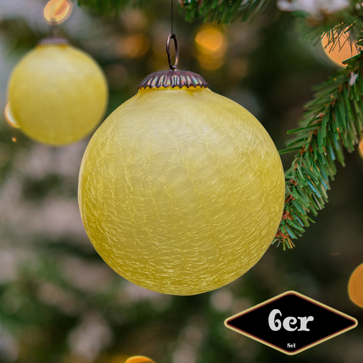 Christbaumkugelset, Rund, 6er Set | Glas, Gelb, krakeliert | H11,5xB10,5cm