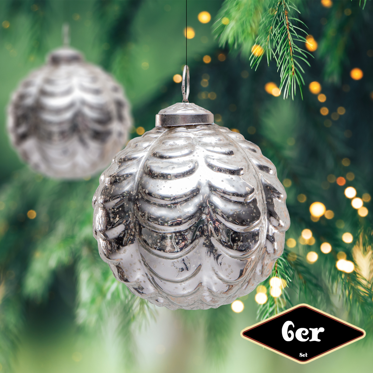 Christbaumkugelset, Rund, 6er Set | Glas, Silber, Struktur | H11,5xB11,0cm