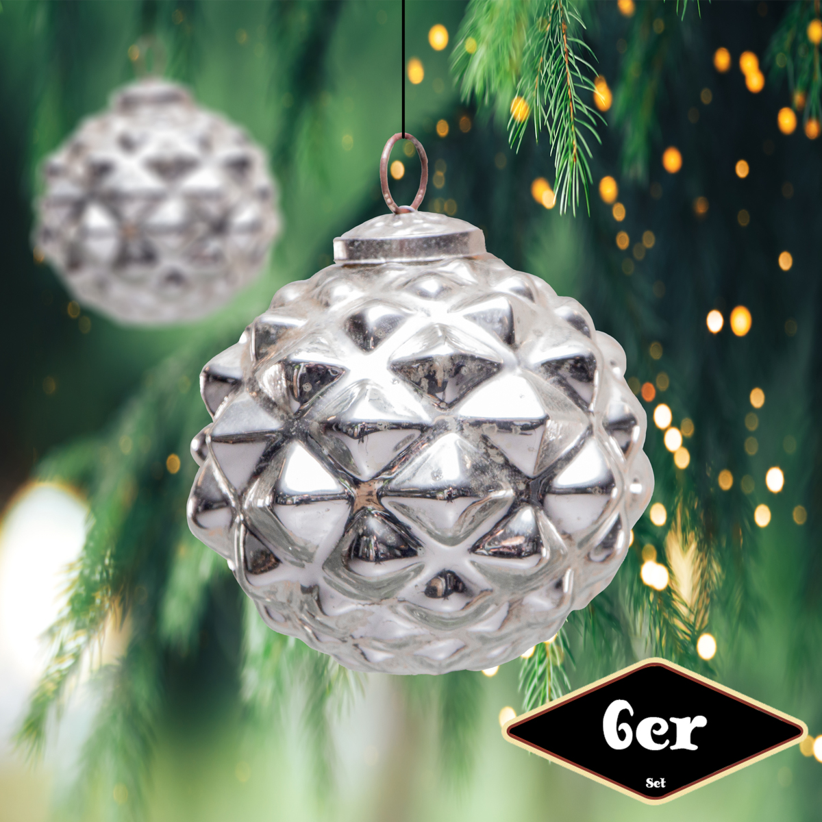 Christbaumkugelset, Rund, 6er Set | Glas, Silber, Struktur | H8,5xB8,5cm