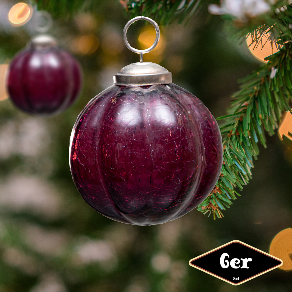 Christbaumkugelset, Rund, 6er Set | Glas, Violett, krakeliert | H9,5xB9,0cm