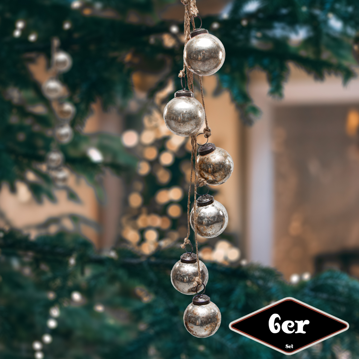 Christbaumkugelset, Rund, 6er Set | Glas, Silber, Schnur | H50,0xB10,5cm
