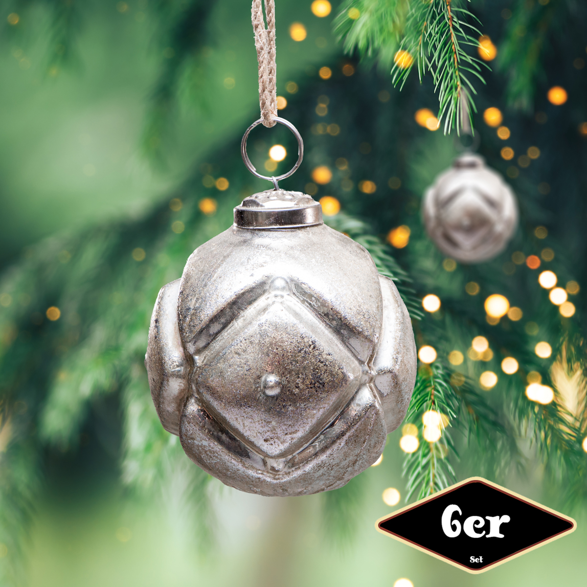 Christbaumkugelset, Rund, 6er Set | Glas, Silber, Struktur | H8,5xB8,0cm