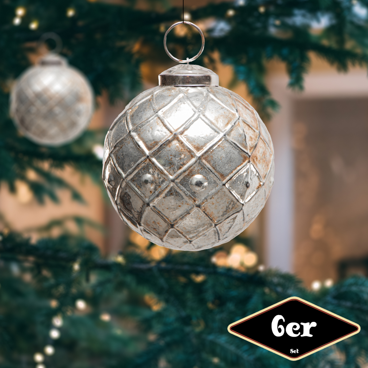 Christbaumkugelset, Rund, 6er Set | Glas, Silber, Struktur | H9,5xB8,5cm