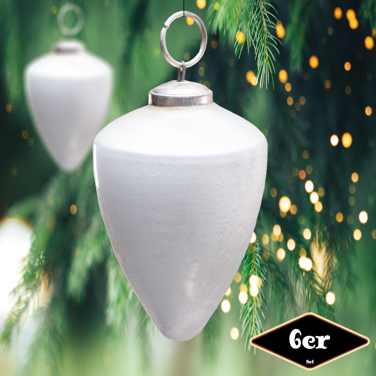 Christbaumkugelset in Zapfen-Form, 6er Set | Glas, Creme, | H11,5xB8,0cm