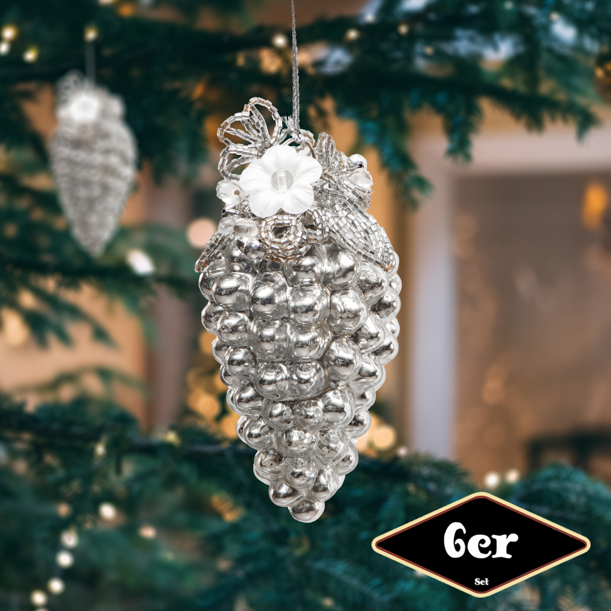 Christbaumkugelset Zapfen-Form, 6er Set |Glas, Silber, Struktur | H14,0xB7,5cm