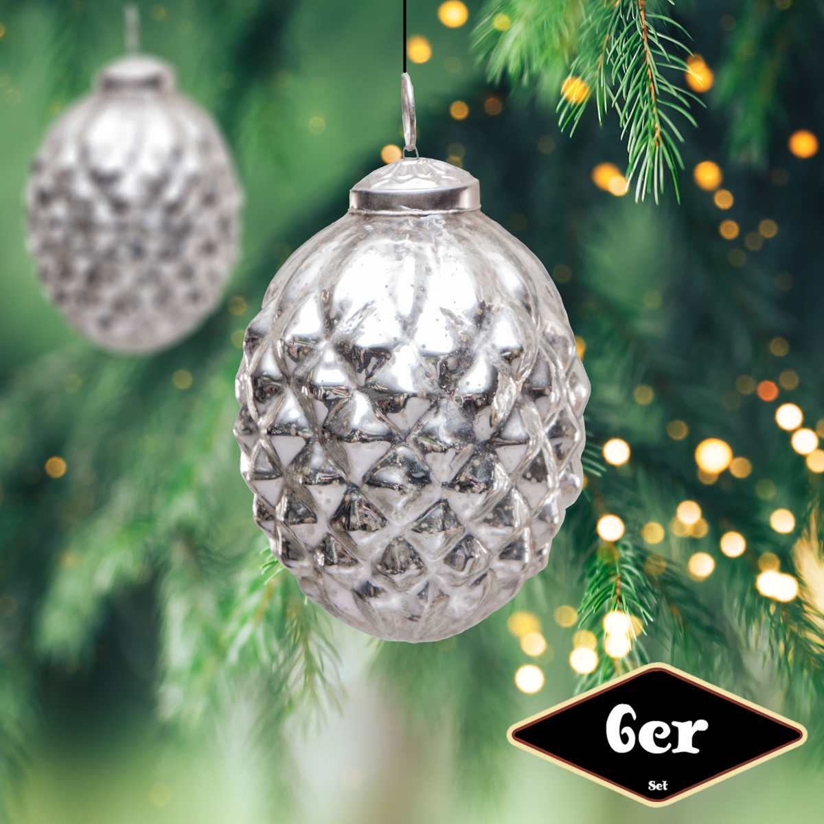 Christbaumkugelset Zapfen-Form, 6er Set |Glas, Silber, Struktur | H11,5xB8,0cm