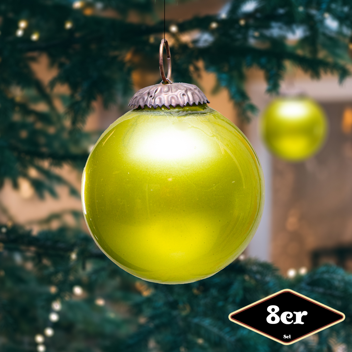 Christbaumkugelset, Rund, 8er Set | Glas, Grün | H8,5xB8,0cm