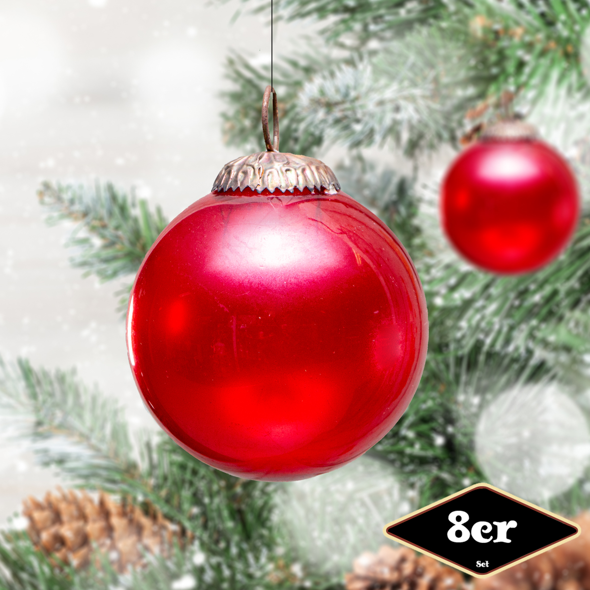 Christbaumkugelset, Rund, 8er Set | Glas, Rot | H8,5xB8,0cm