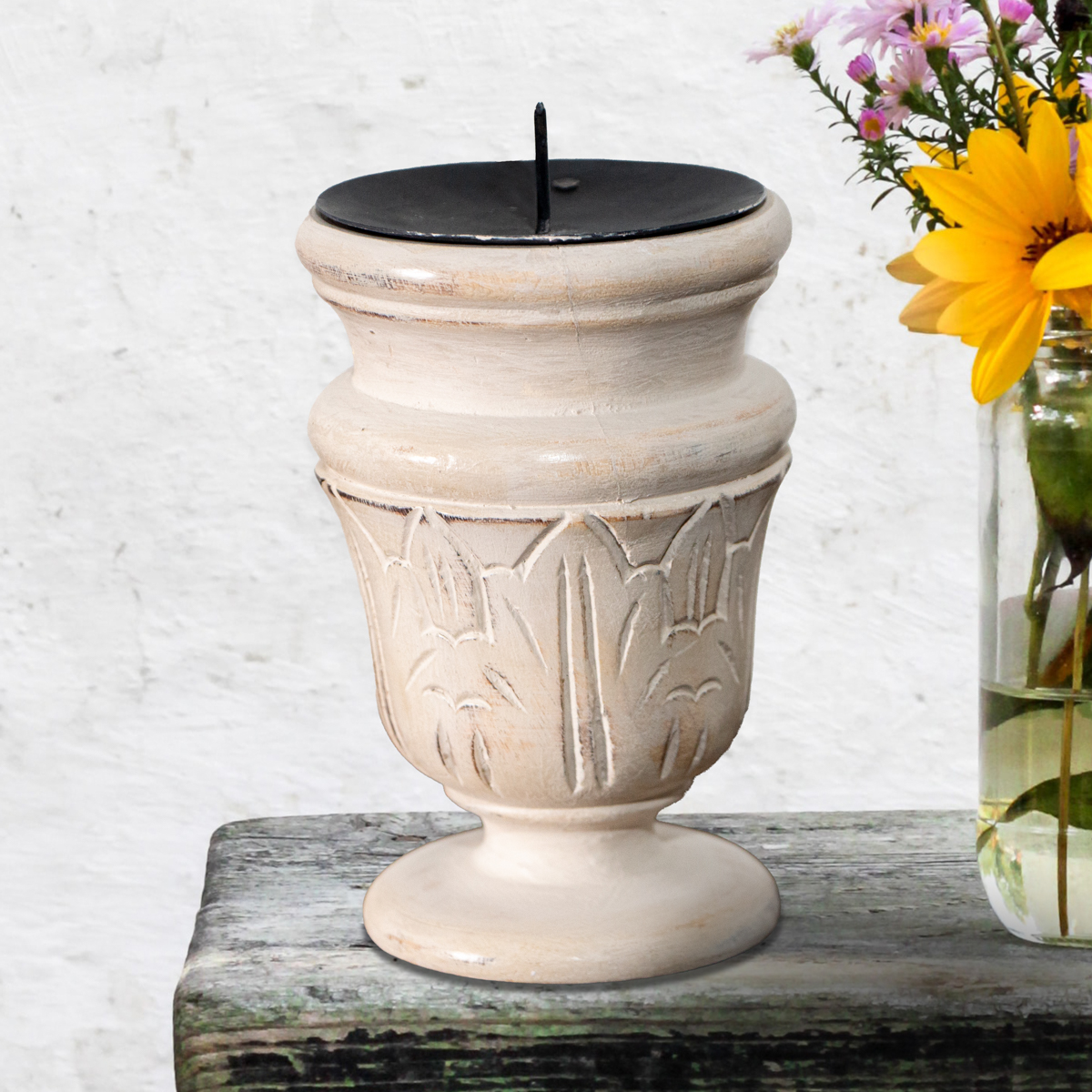 Kerzenständer, Tasse, Holz,  weiß, Klein