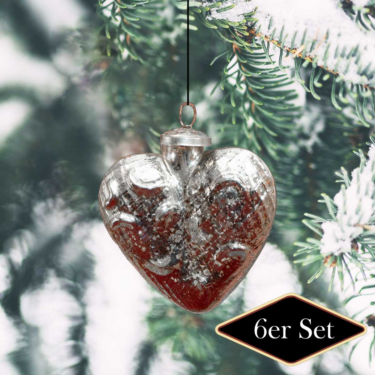 Christbaumkugeln in Herz-Form, silber, Weihnachten, 6er Set