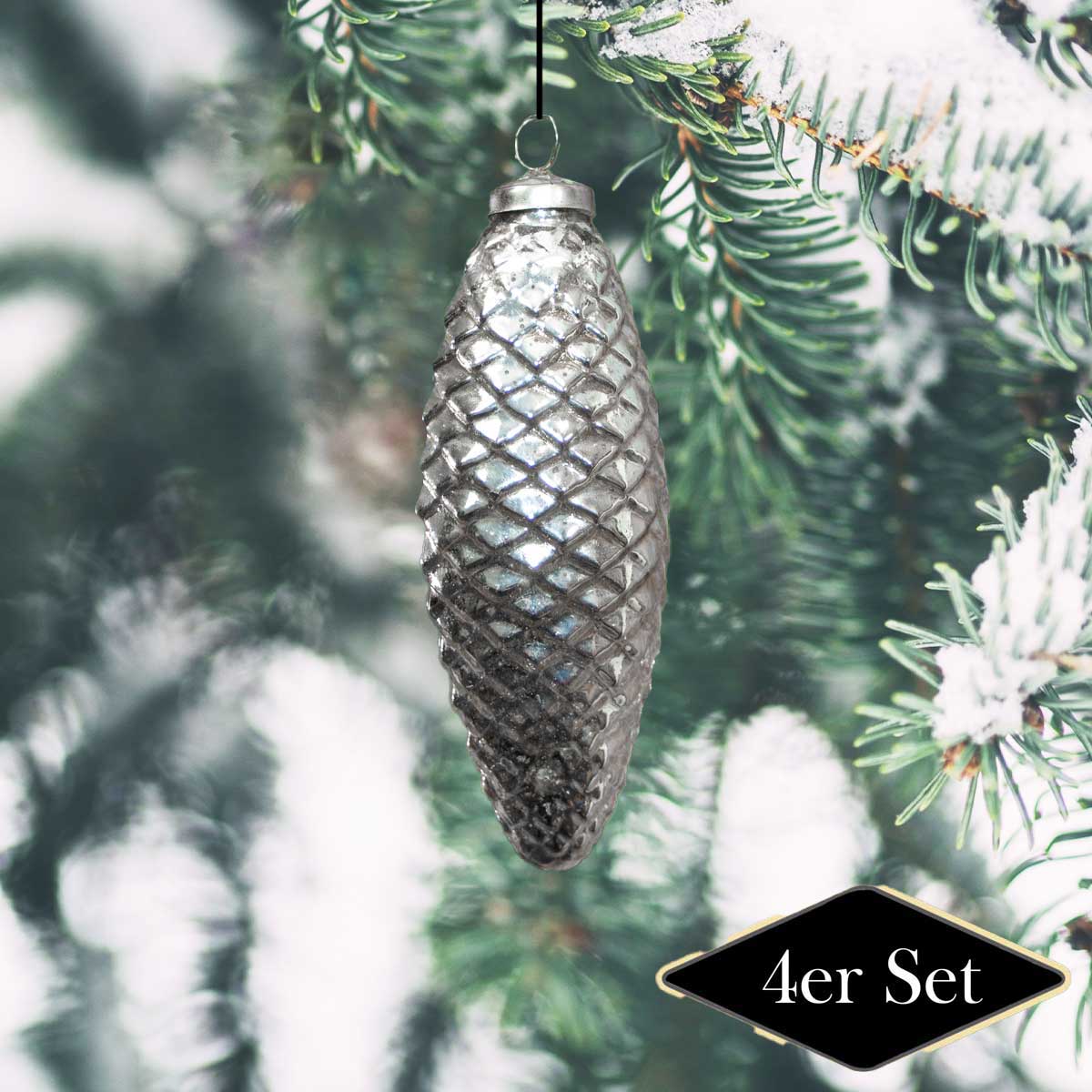 Christbaumkugeln in Zapfen-Form, Silber, XL, Weihnachten, 4er Set