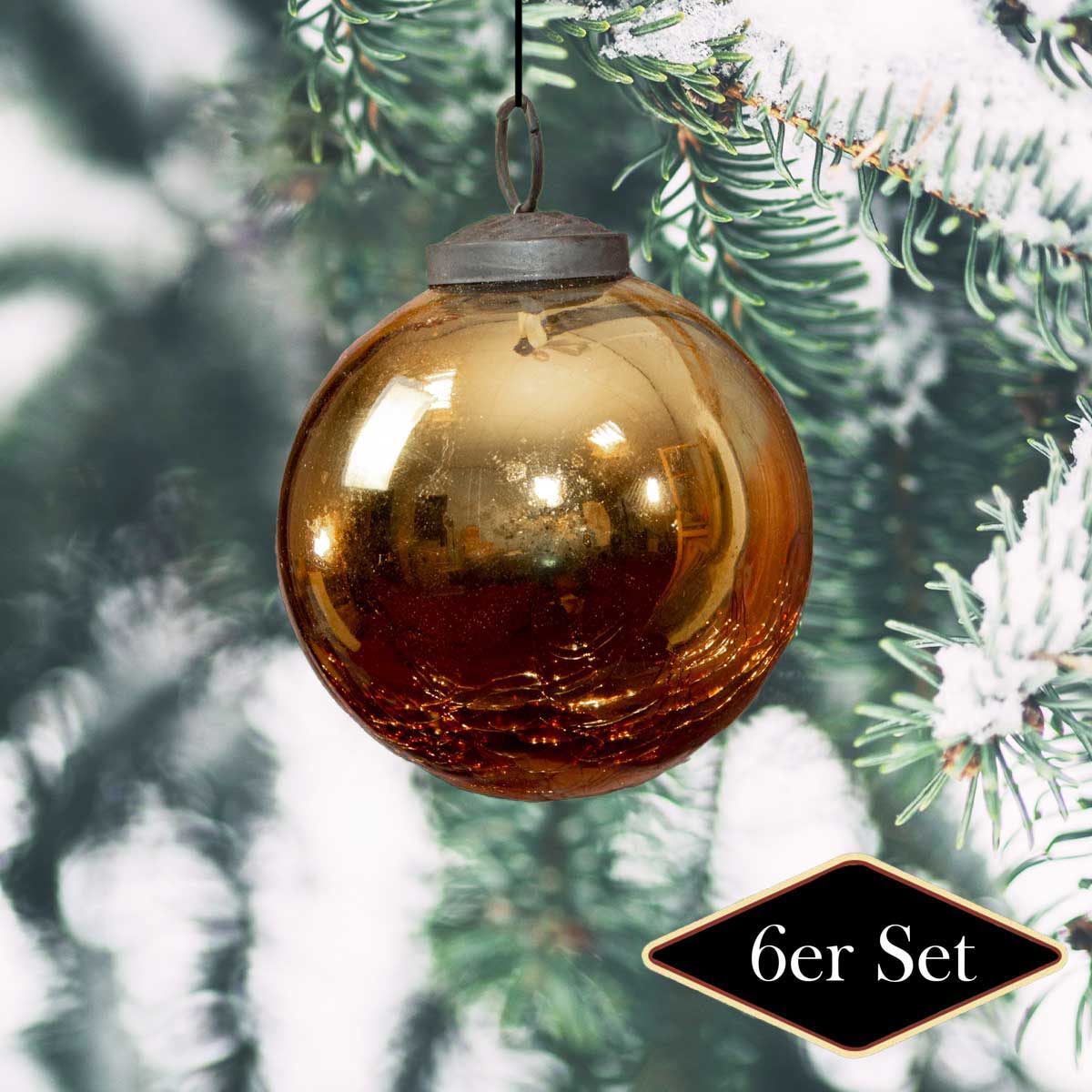 Christbaumkugelset, Krakeliertes/frozen Glas, Gold, Weihnachten, 6er Set