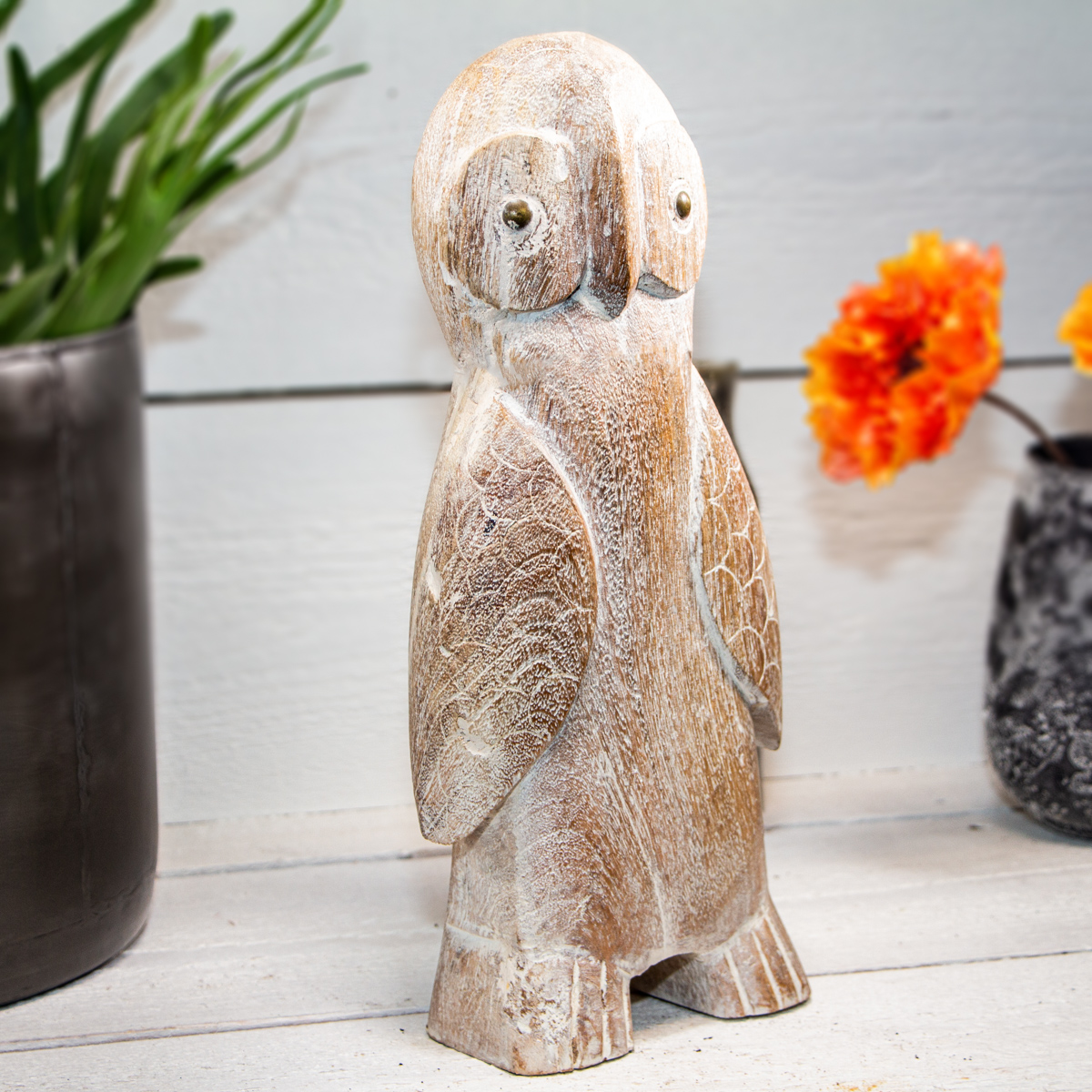 Holzfigur, Eule, Groß, Natur, gekalkt