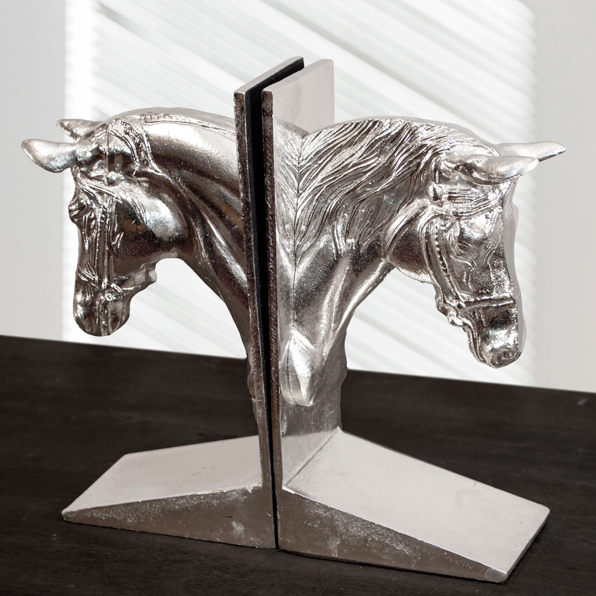 Buchstützen, 2er Set, Aluminium, Pferde, Pferdeköpfe, glänzend