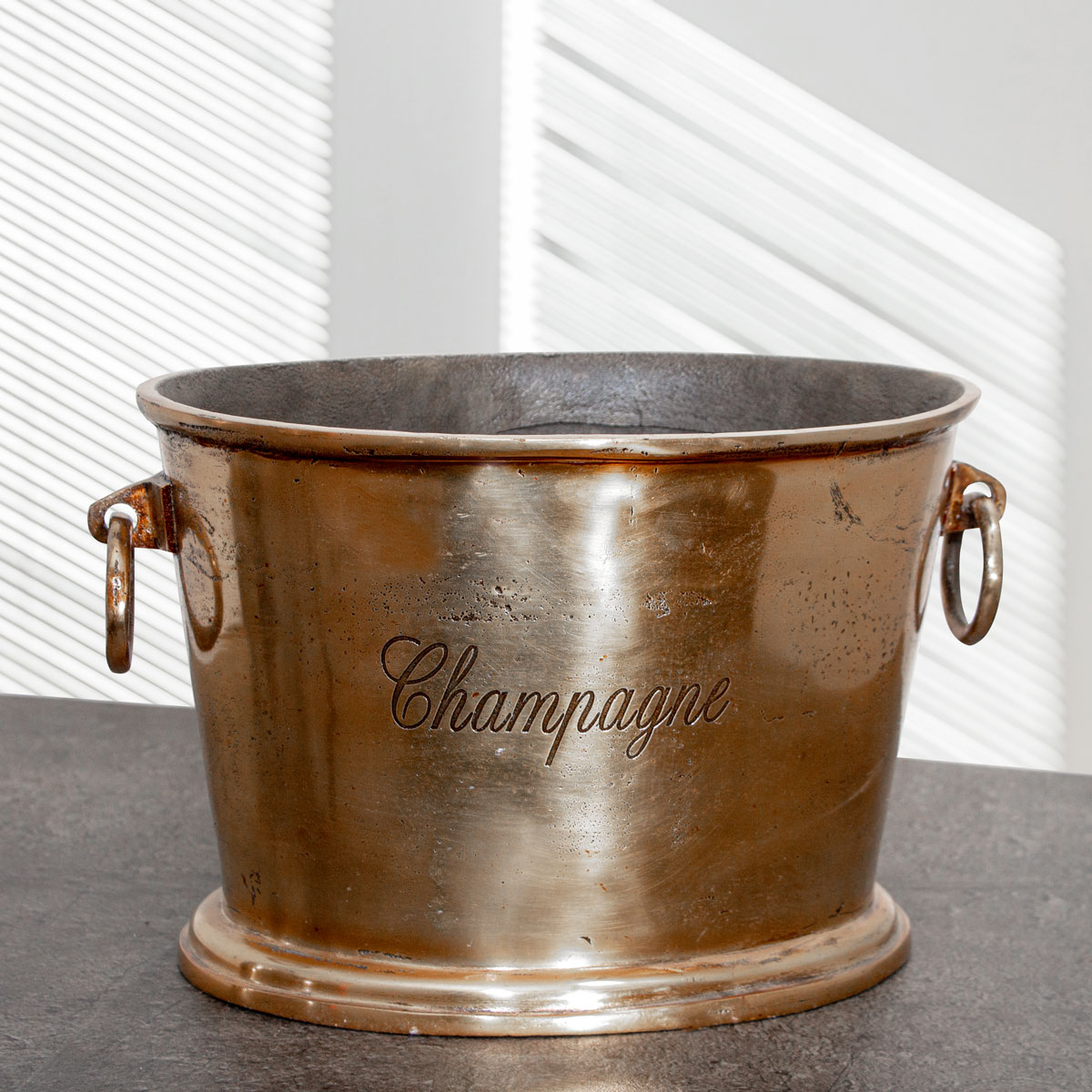 Flaschenkühler, Sektkühler, Eisbehälter, Aluminium, goldfarbend, mit Henkel