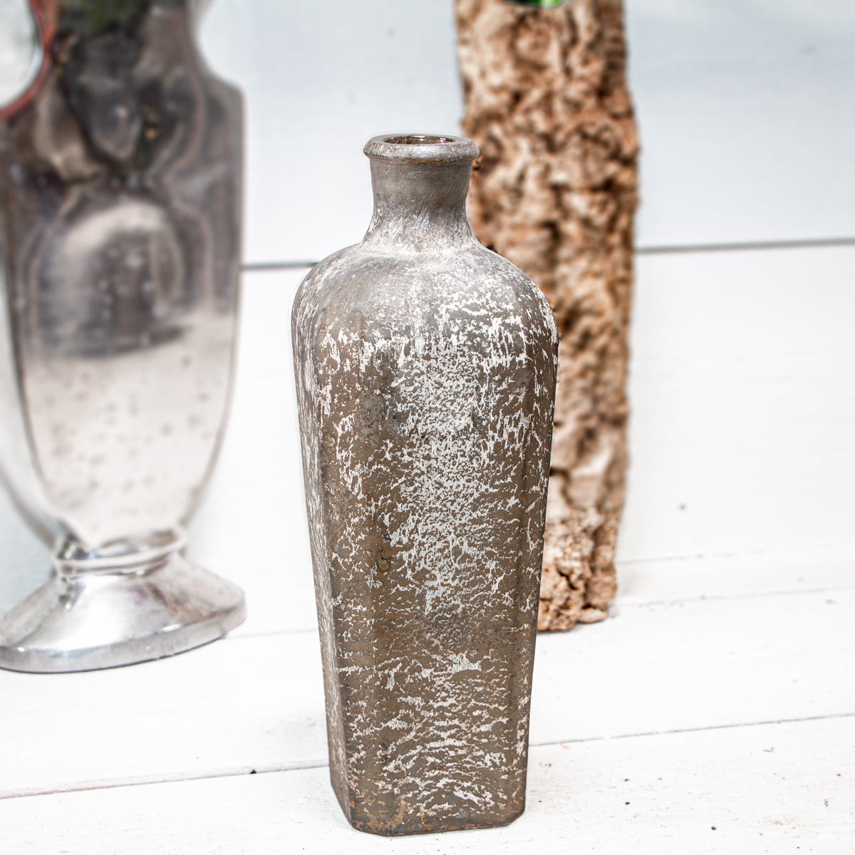 Dekoflasche, Vase, Groß, Chabby Chic | Glas, Grau-weiß | H 31,0 x B 11,0 cm