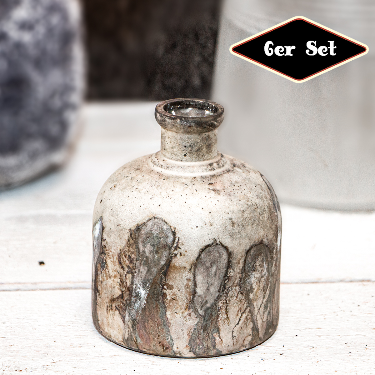 Dekovasenset, 6er, Flasche, Chabby Chic | Glas, Schwarz-Silber | H 11,0 x B 8,7 cm