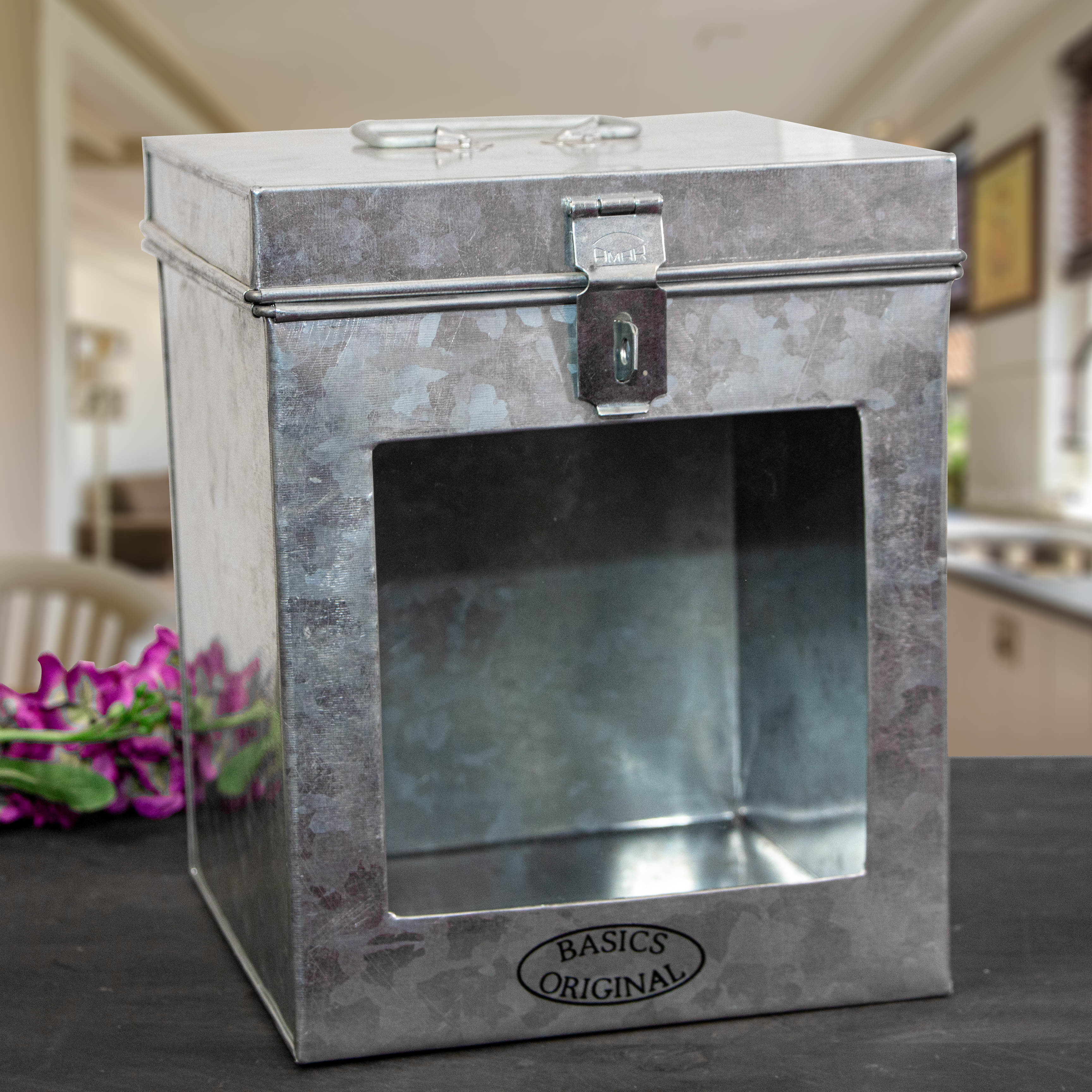 Aufbewahrungsdose, groß, eckig, Silber, Eisen, Fenster, verschließbar