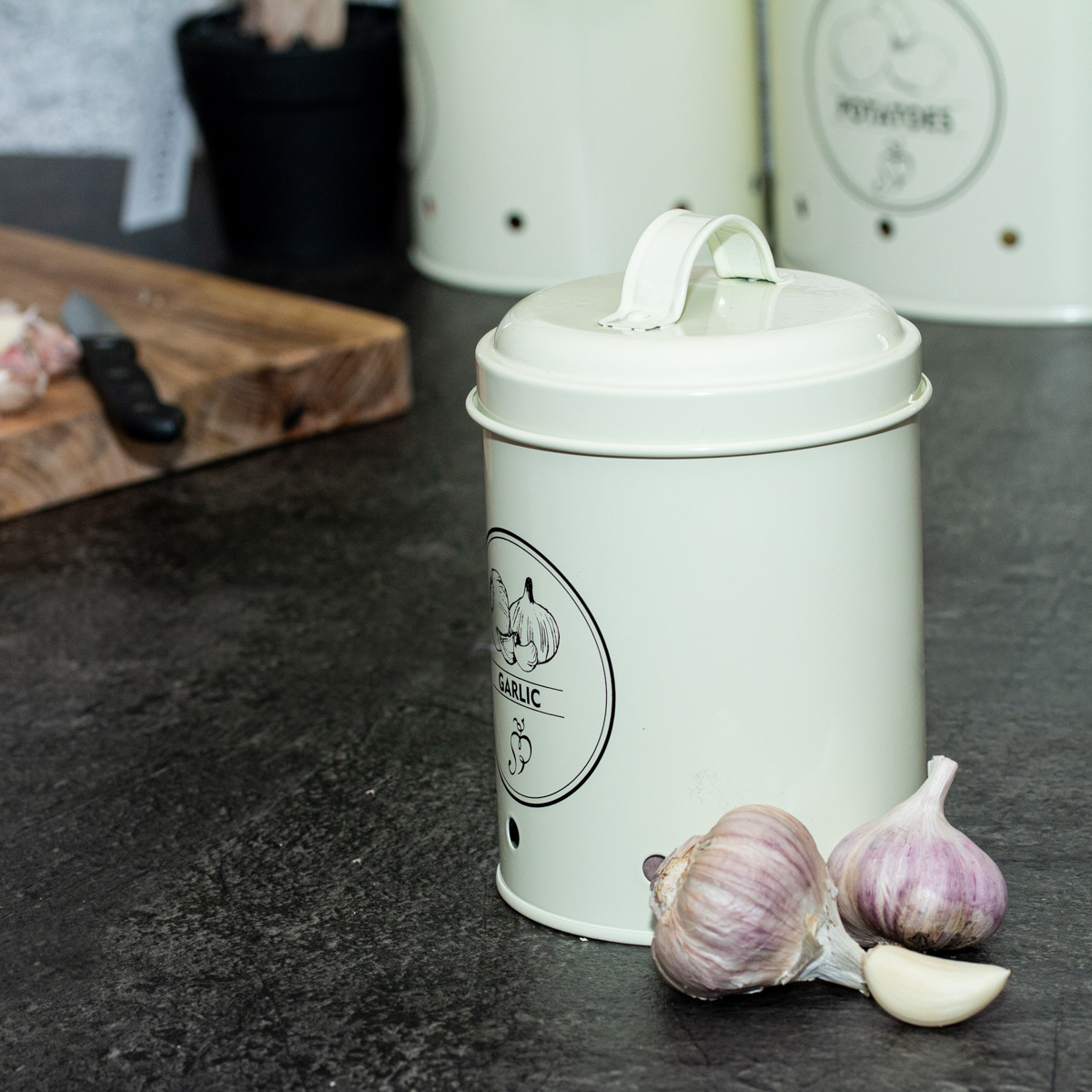 Blechdose für Knoblauch, Vorratsdose, Dekoration, Küchenartikel