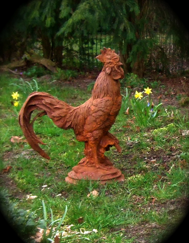 Großer Hahn, rustikal Garten Skulptur als Eingangs-Deko, Hof-Hahn in Rost-Optik