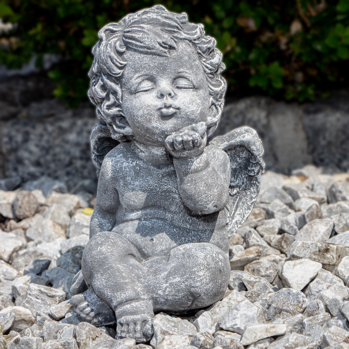 Engel, Skulptur, groß, pustend | Stein, Grau | H 18,5 x B 11,5 cm