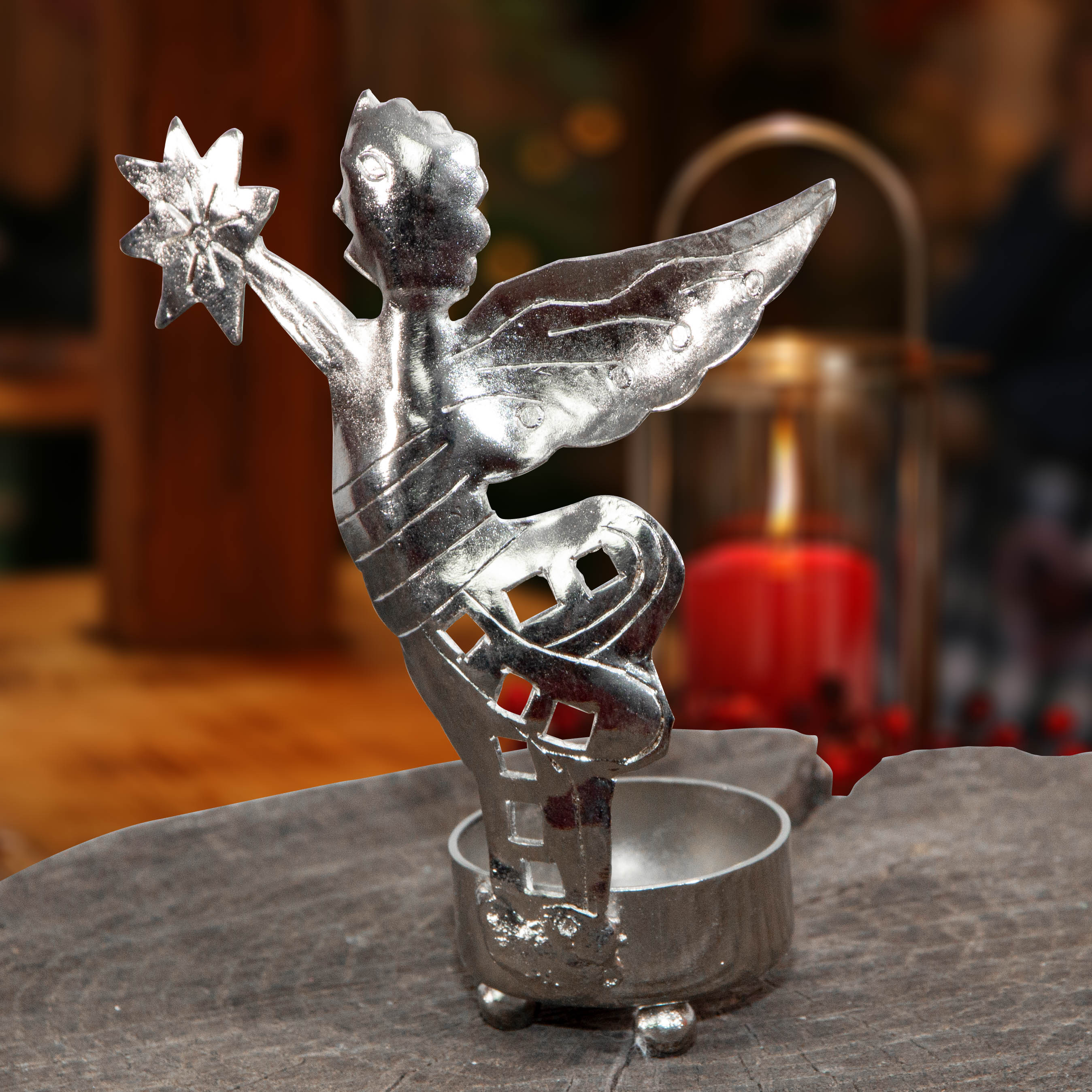 Teelichthalter Engel, Metall silber lackiert, Weihnachtsdeko