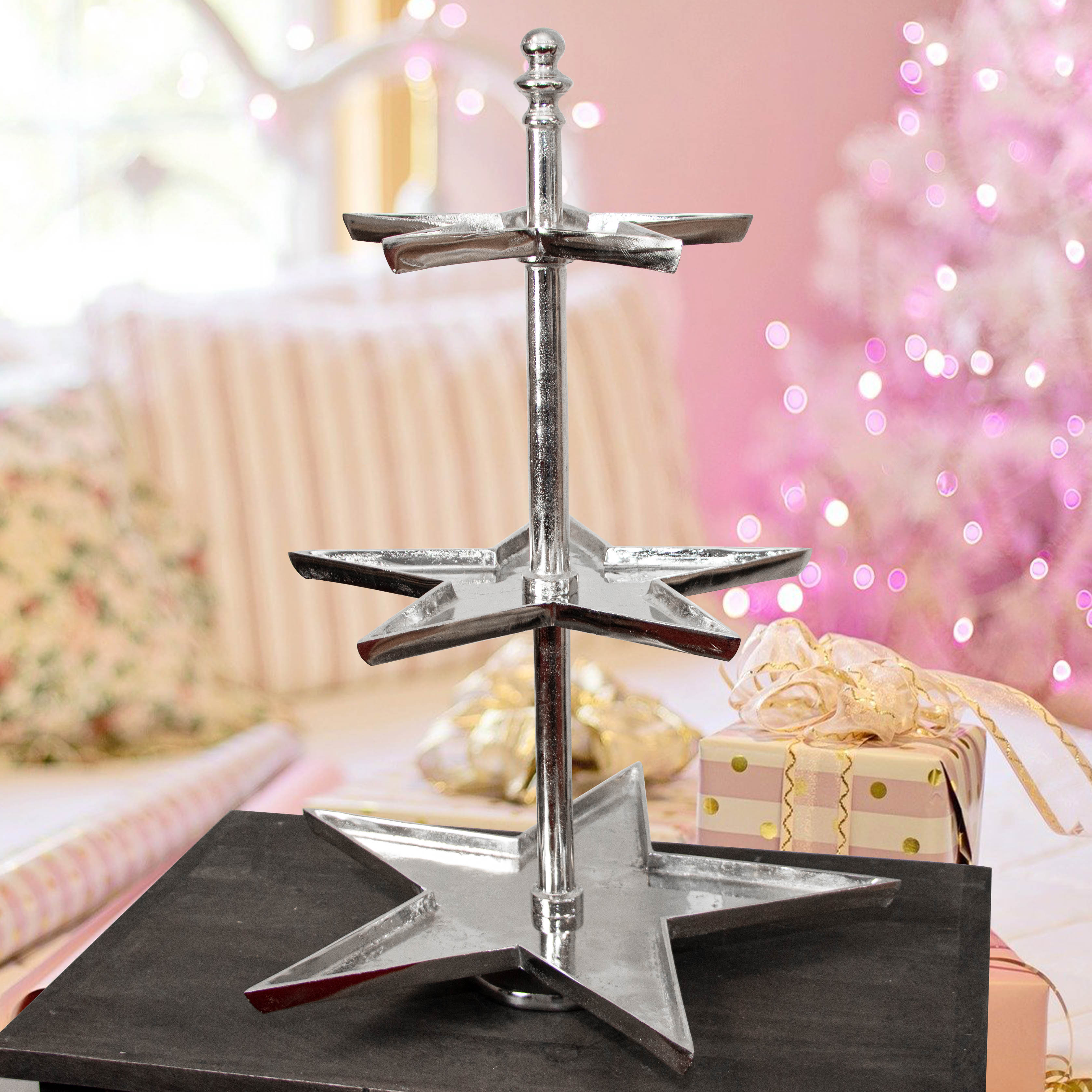 Etagere, Stern, Groß, 3 Etagen, Aluminium, gebürstet, Weihnachten