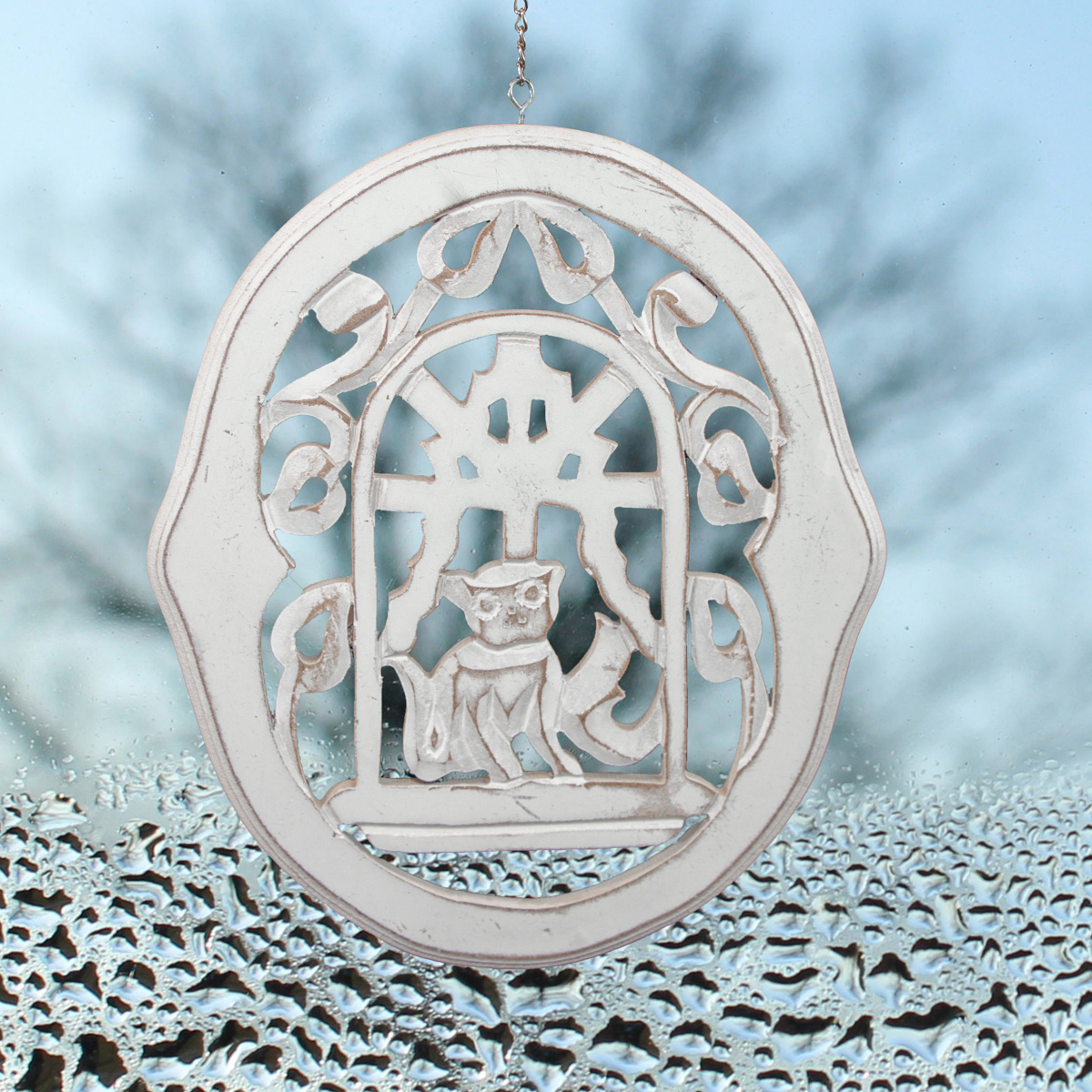 Fensterschmuck, Klein, Katze, Holz, Weiß, Dekoration, Deko, Chabby Chic