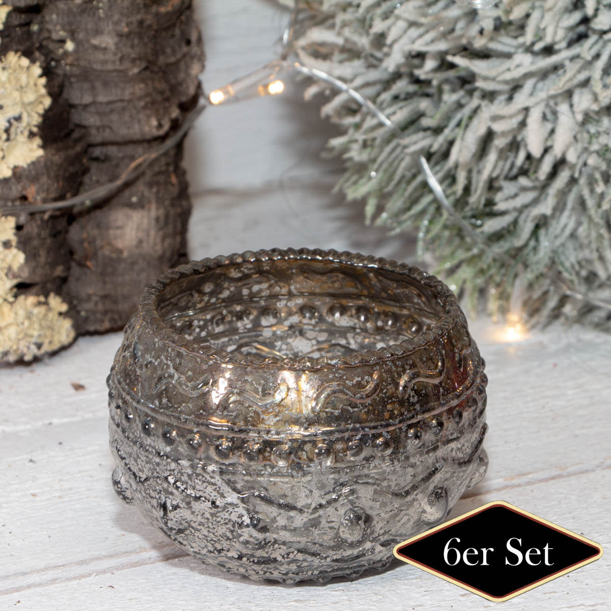 Teelichthalterset, Struktur, 6er Set | Glas, Silber | H7,0xB10,5 cm