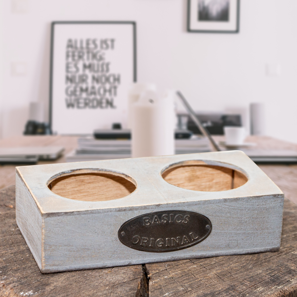 Servierkorb, 2 Fächer, Grau, Holz, Dekoration