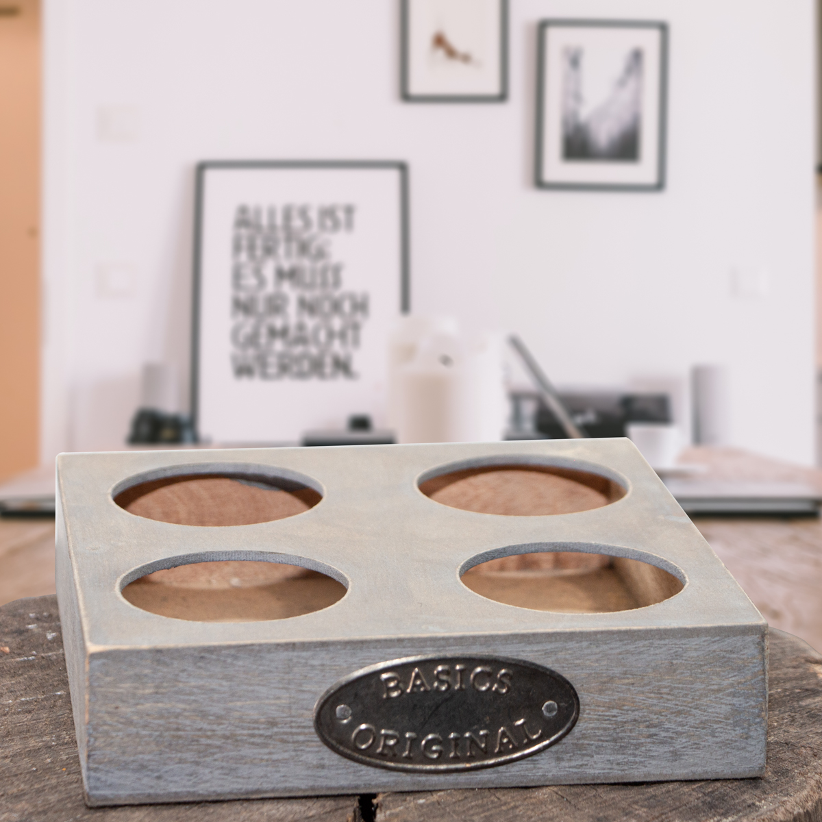 Servierkorb, 4 Fächer, Grau, Holz, Dekoration