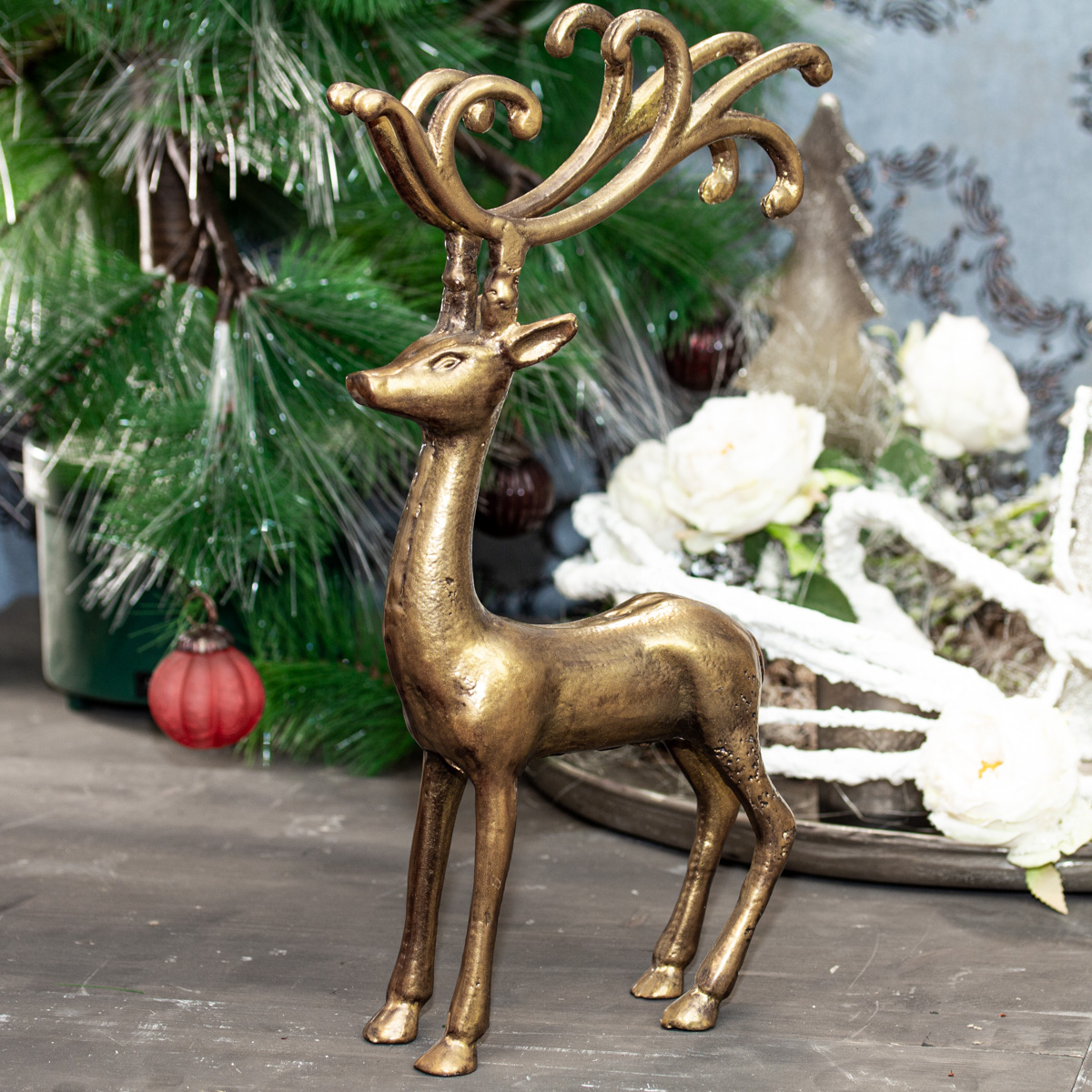 Rentier Figur Goldfarbend, Gartenfigur aus Aluminium Tierfiguren Dekoration