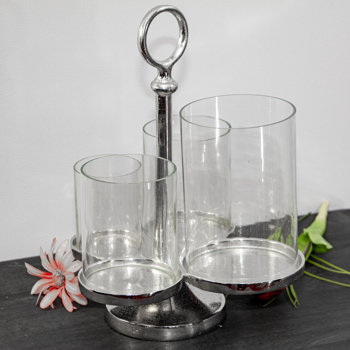 Aluminium Kerzenhalter, 4-armig, Glaskuppel, Dekoration - H.36cm