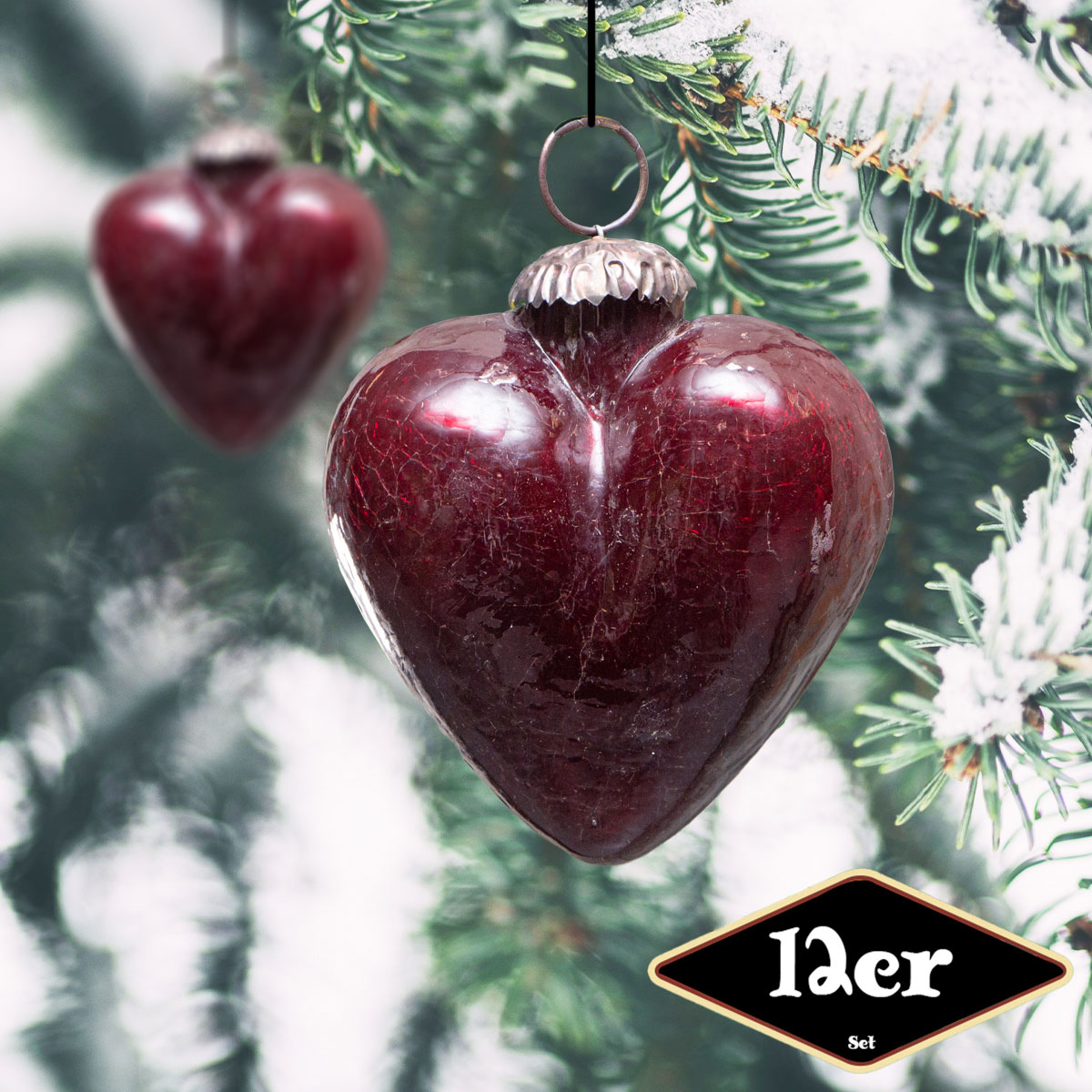 Christbaumkugelset, Herz, 12er Set | Glas, rot | H10,0xB9,5cm