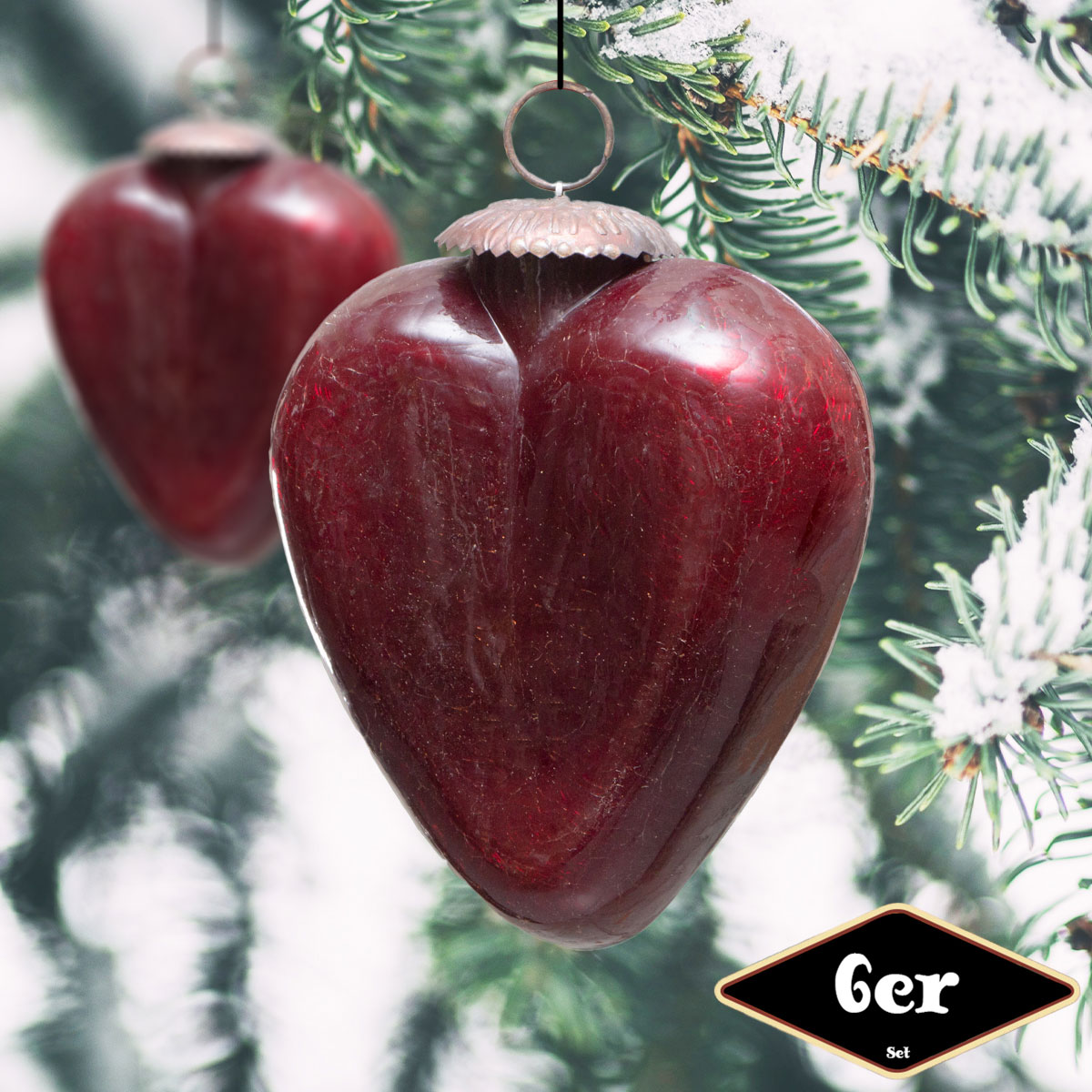 Christbaumkugelset, Herz, 6er Set | Glas, rot | H13,0xB12,0cm