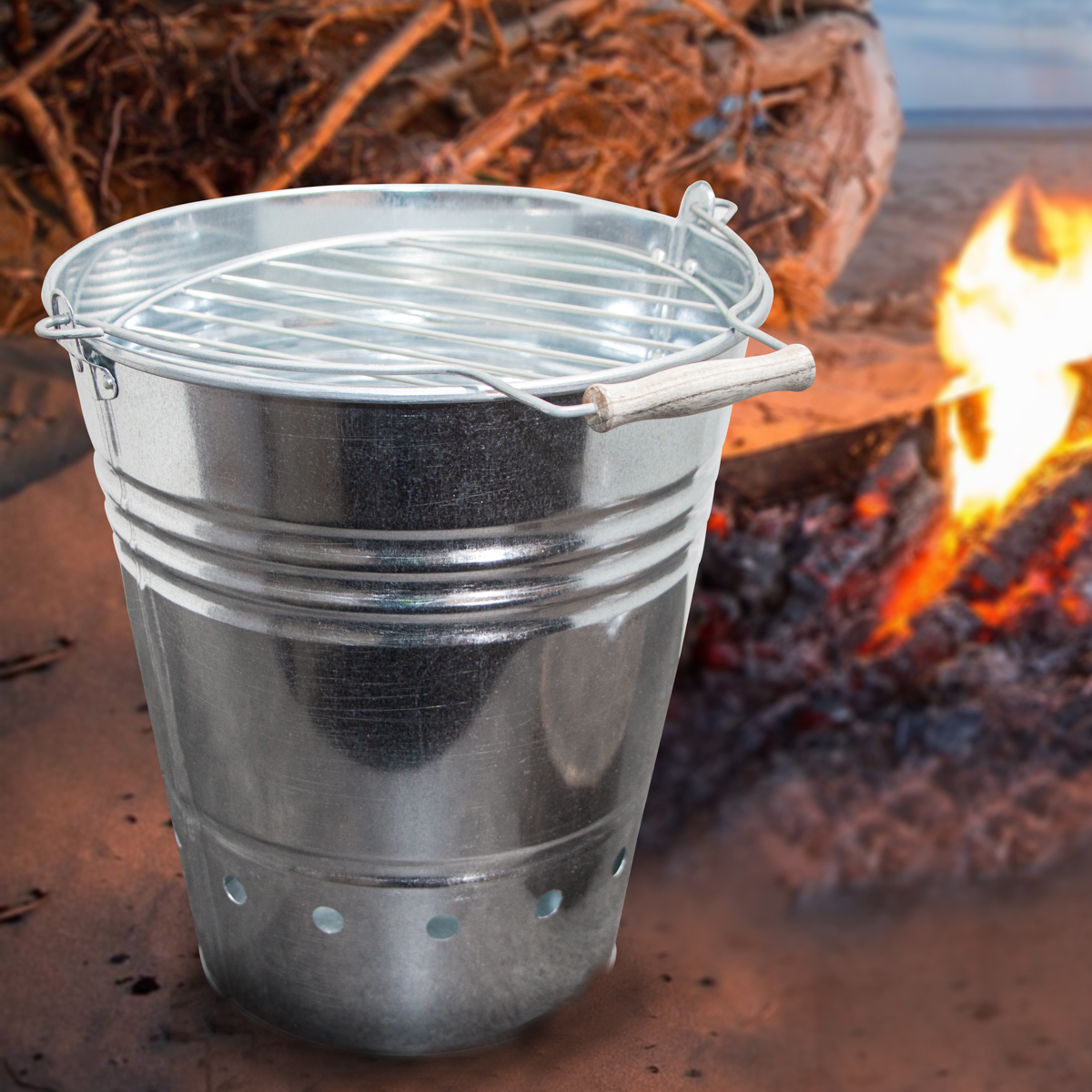 Grill-Eimer aus Eisen, Groß, mit Henkel, Grillrost, Kohlerost