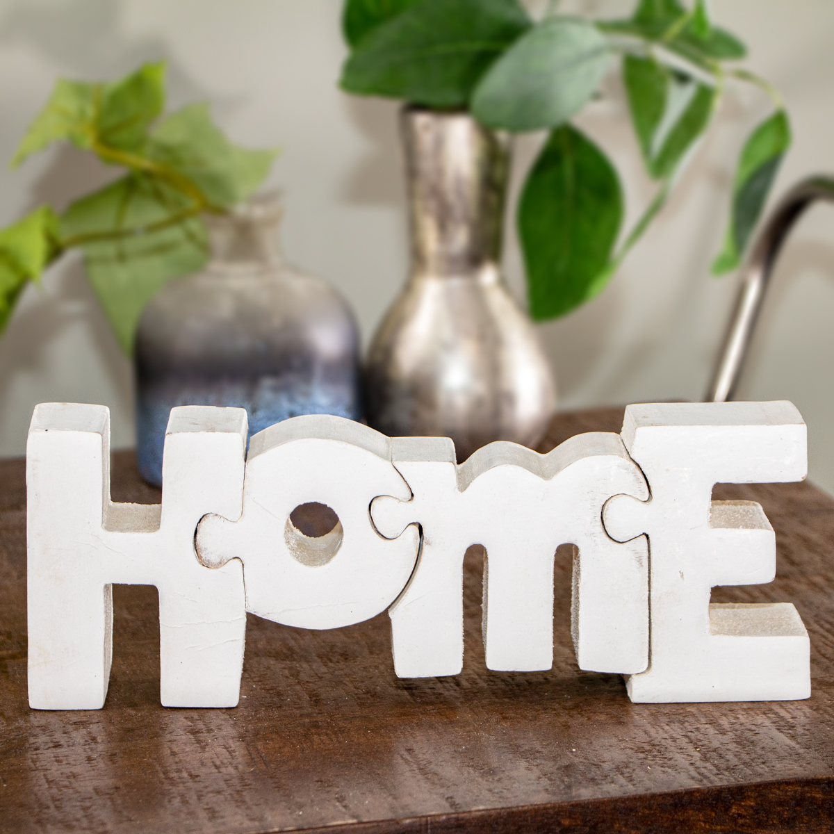 Holzfigur, 'Home', Puzzle, Weiß, Dekoration