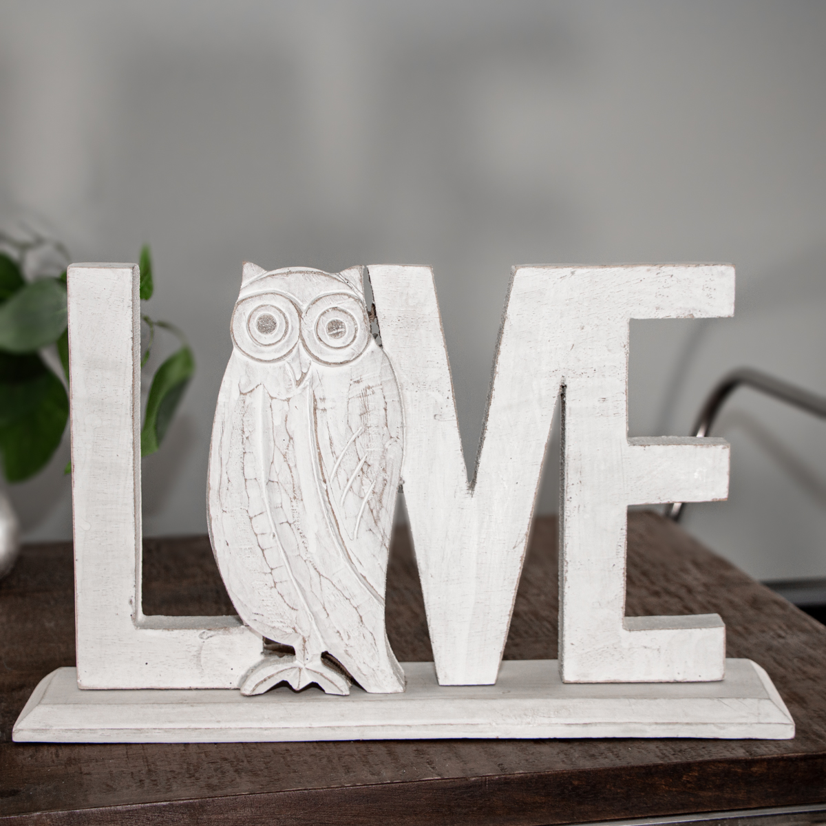 Holzfigur, 'Love', Eule, Weiß, Dekoration