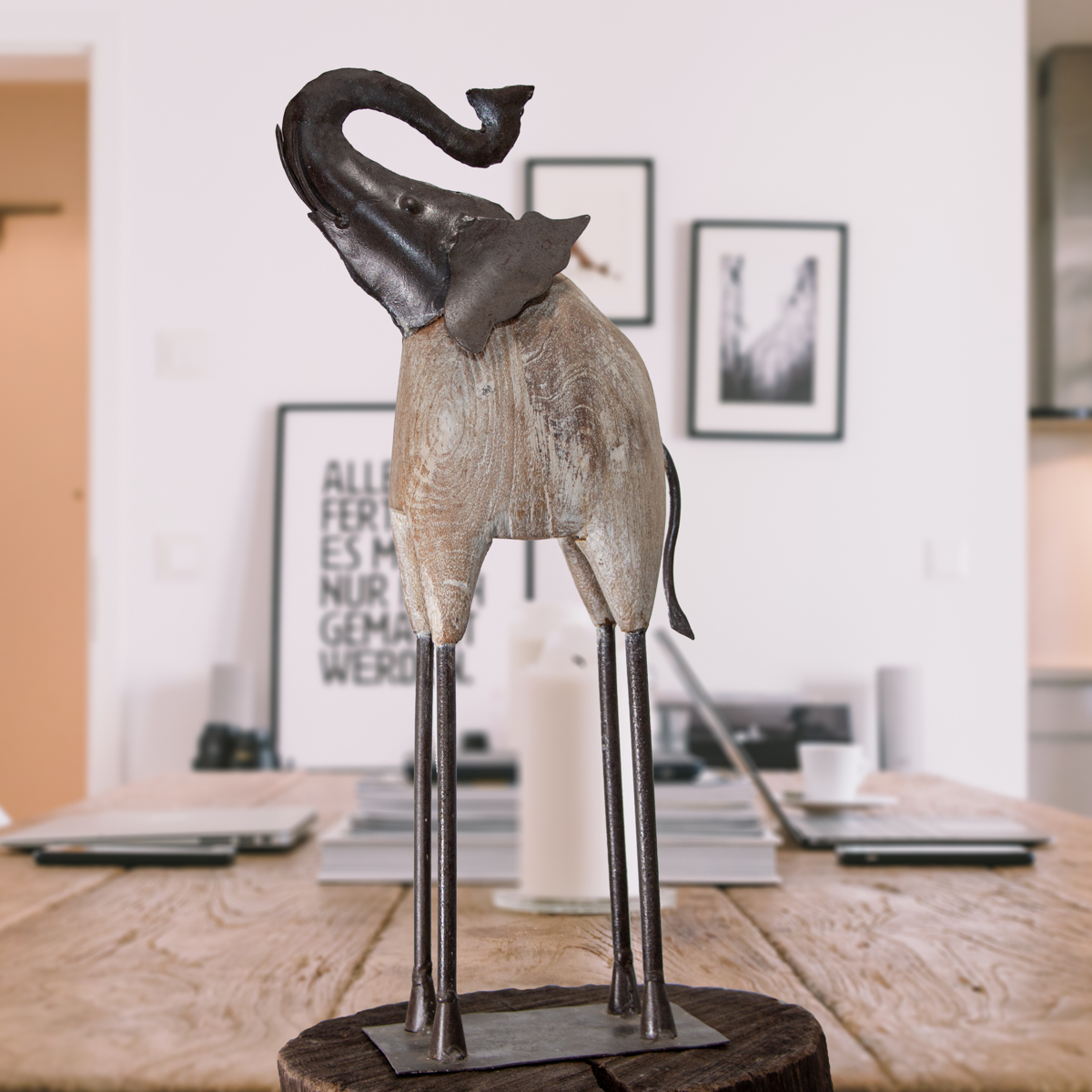 Holzfigur, Elefant, Groß, Eisen, gekalkt