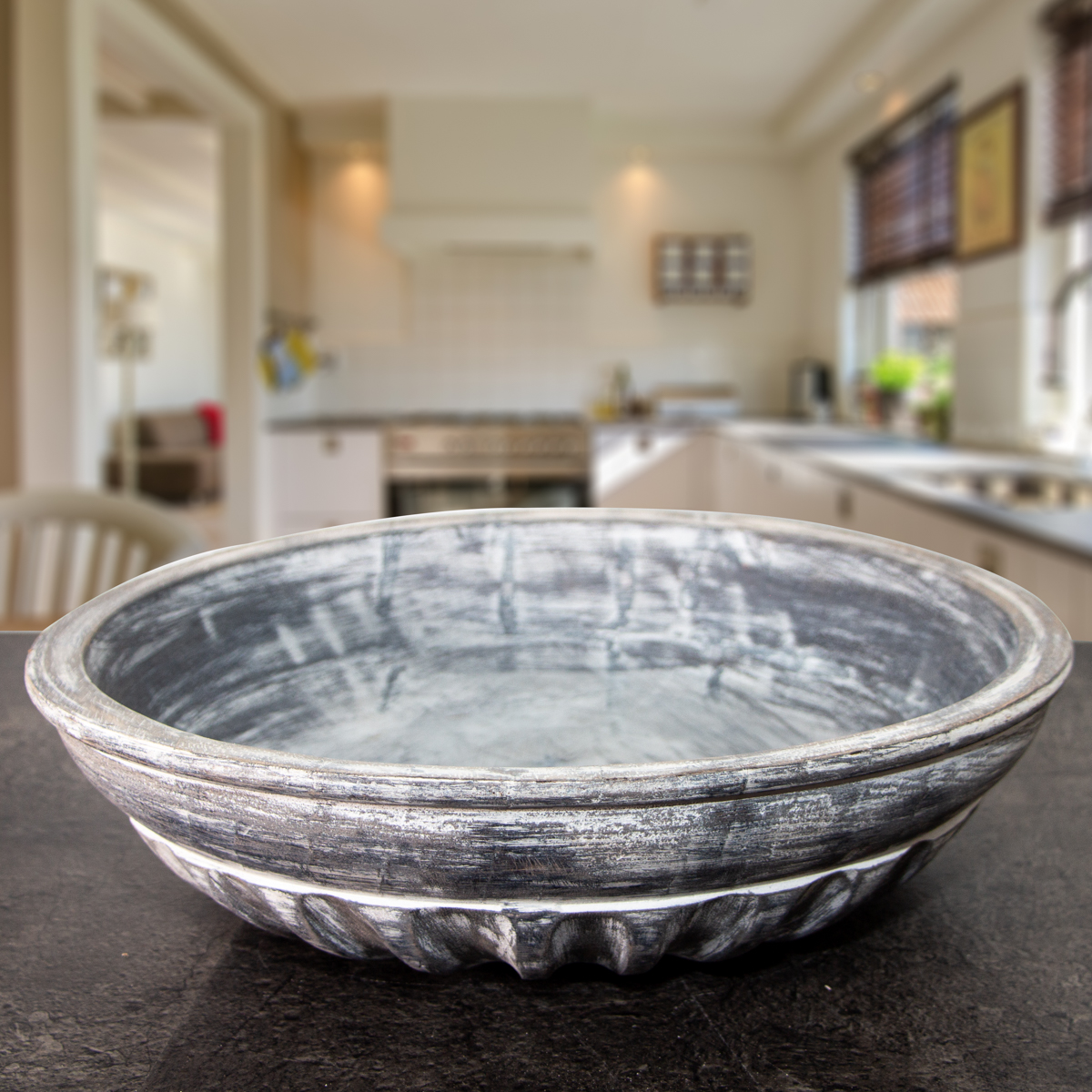 Holzschüssel, verziert, Groß, Blau-Grau, in Shabby- Chick