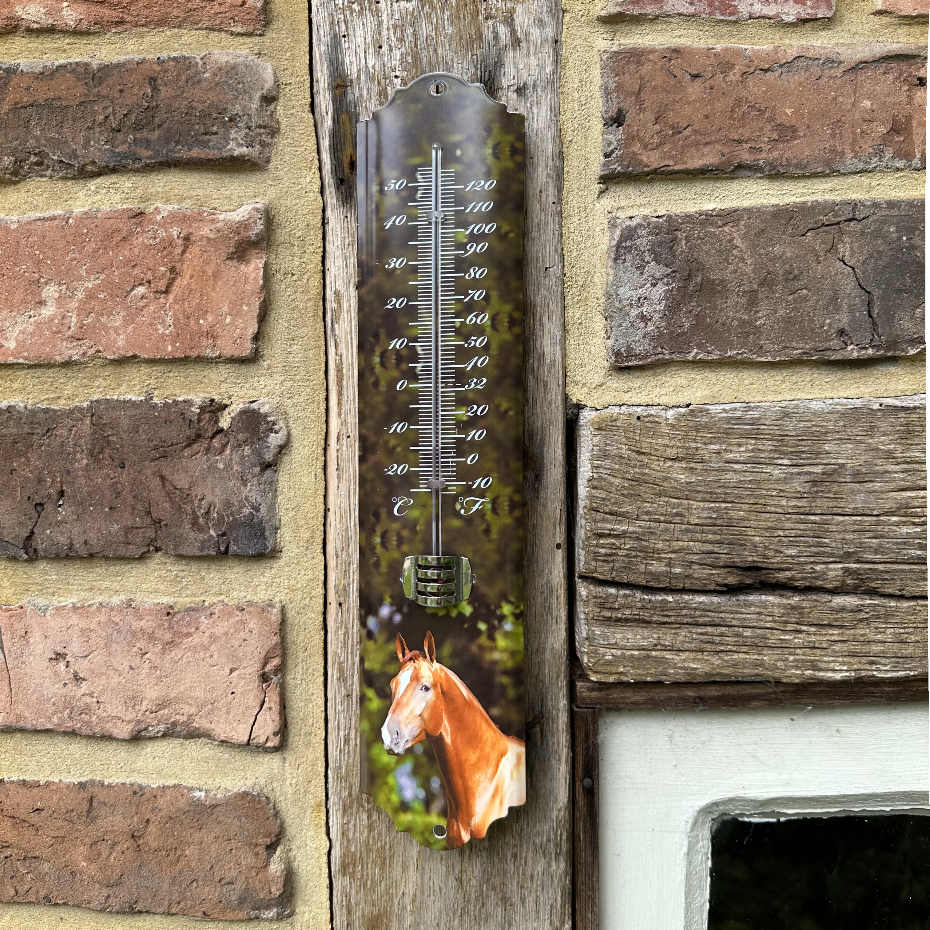 Tierthermometer, aus Eisen, Grün Lackiert, Pferd Motiv