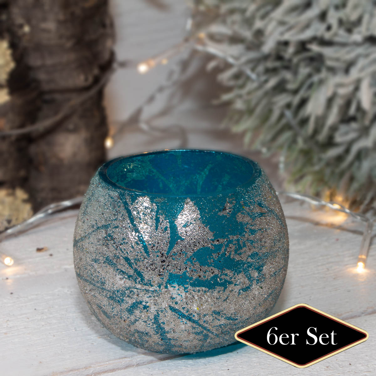 Teelichthalterset, Glitter, 6er Set | Glas, Blau, Silber | H7,5xB9,0 cm