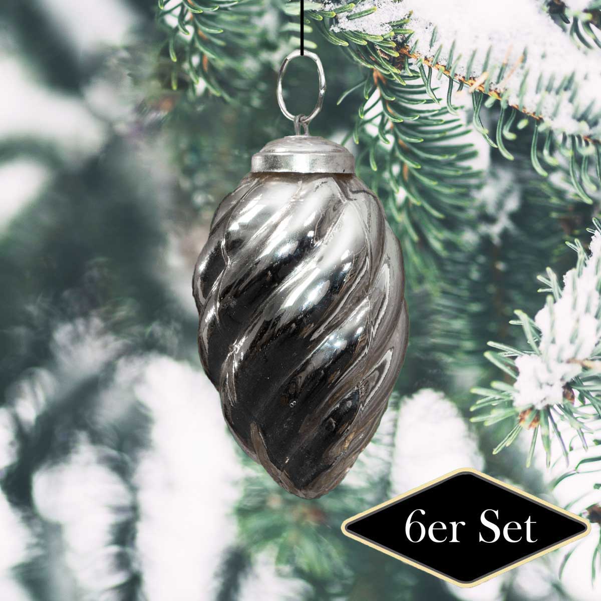 Christbaumkugeln in Zapfen-Form, gedreht, Silber, Weihnachten, 6er Set