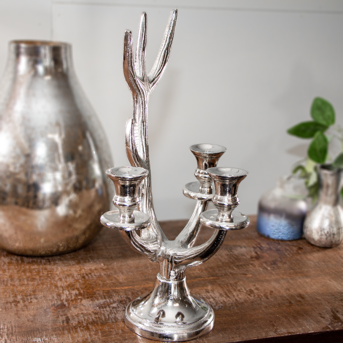 Kerzenhalter, 3er, Geweih, Dekoration, Chabby Chic | Aluminium, Silber | H 41,5 x B 21,5 cm
