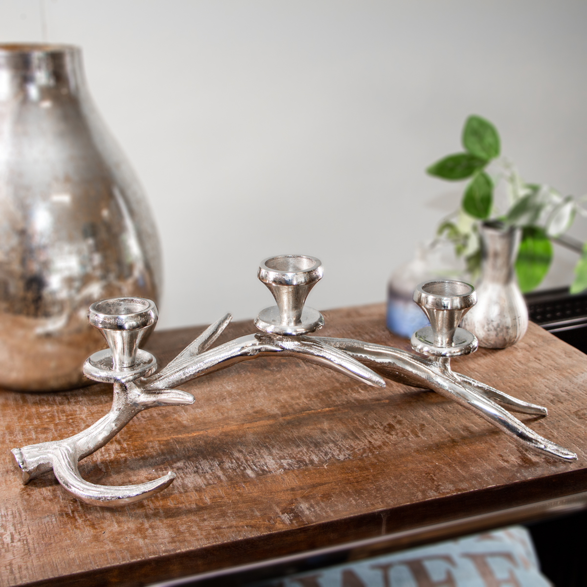 Kerzenhalter, 3er, Geweih, Dekoration, Chabby Chic | Aluminium, Silber | H 17,5 x B 51,0 cm