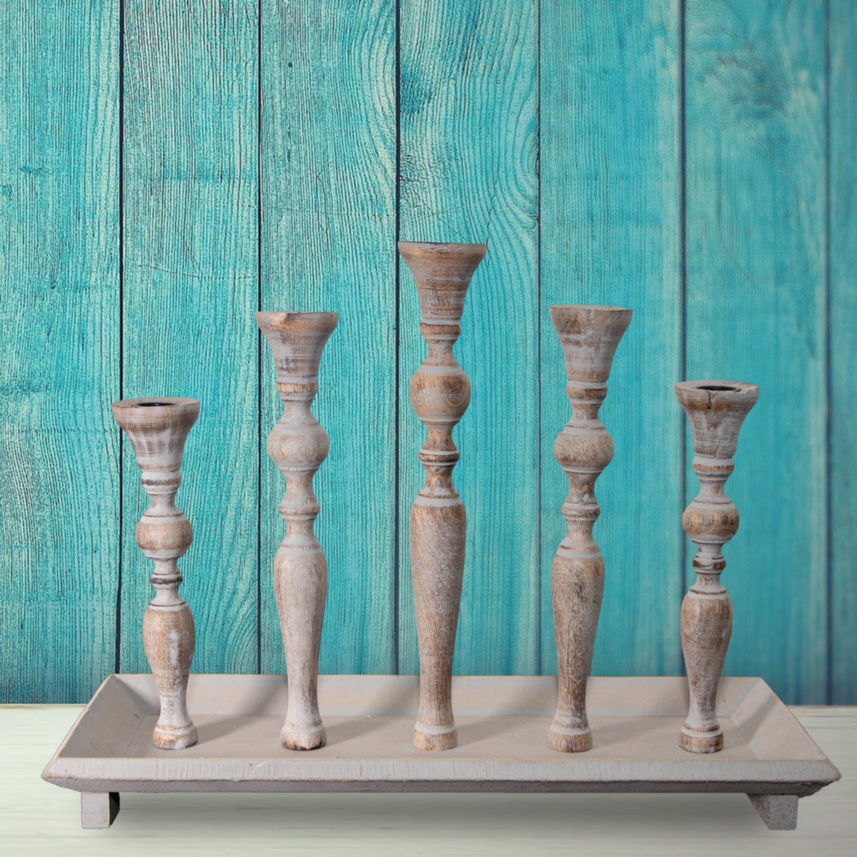 Kerzenhalter, Holz, eckig, Blau-braun, 5 Kerzen, Chabby Chic