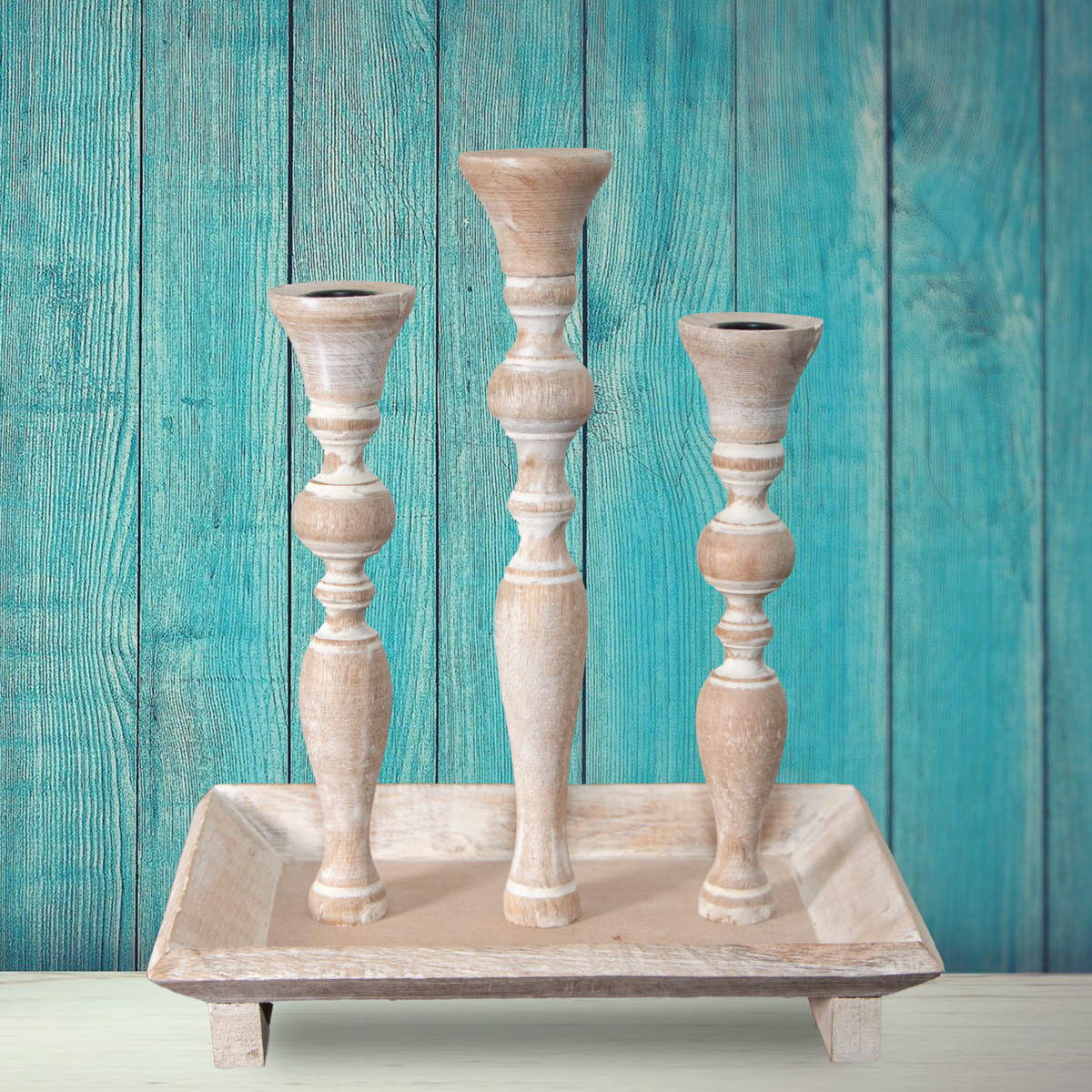 Kerzenhalter, Holz, eckig, Weiß-braun, 3 Kerzen, Chabby Chic