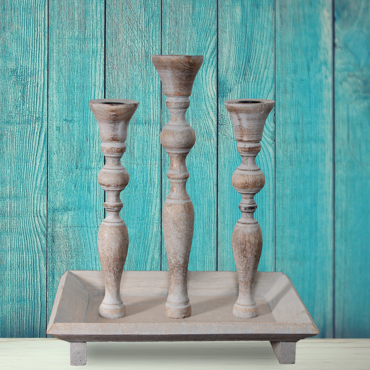 Kerzenhalter, Holz, eckig, Blau-braun, 3 Kerzen, Chabby Chic