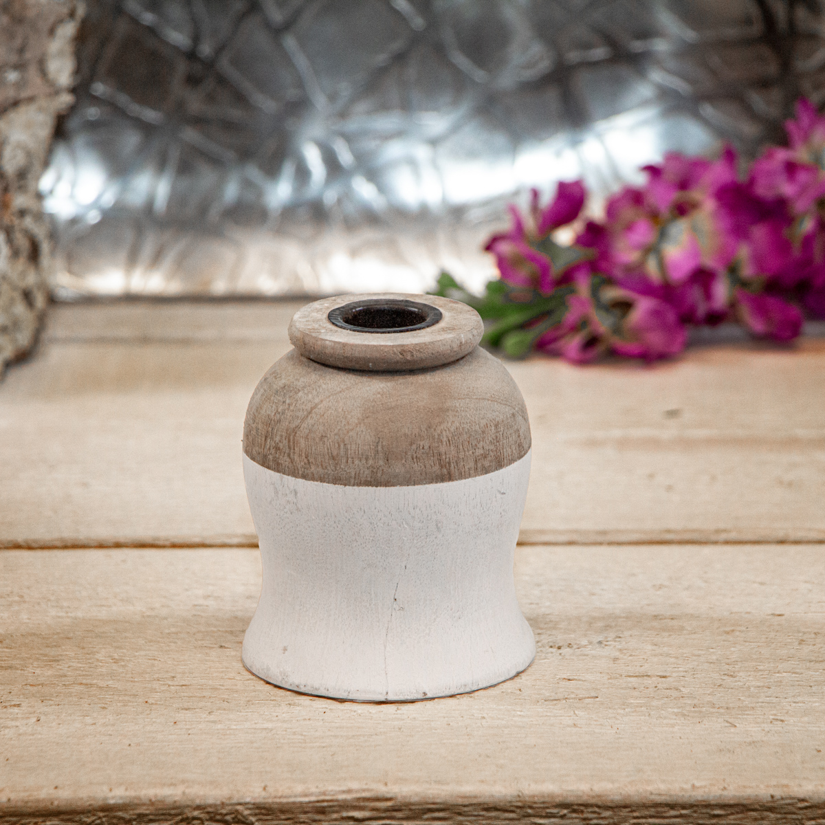 Kerzenständer, Holz, braun-weiße, Klein, bauchig